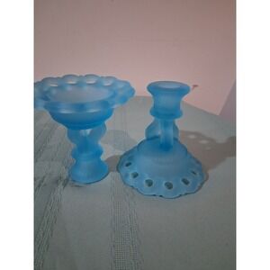 Vintage Fenton Blue Satin Glass Open Lace Eyelet Edge Candlestick Holders Set 2